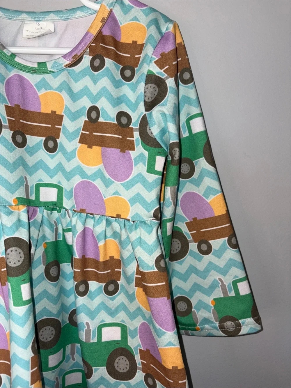 Girls Pastel Tractor Print Long Sleeve Dress - Mint, Green, Purple 3T